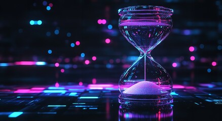 Futuristic holographic hourglass with flowing digital data on dark background — symbol of time, innovation, and business technology