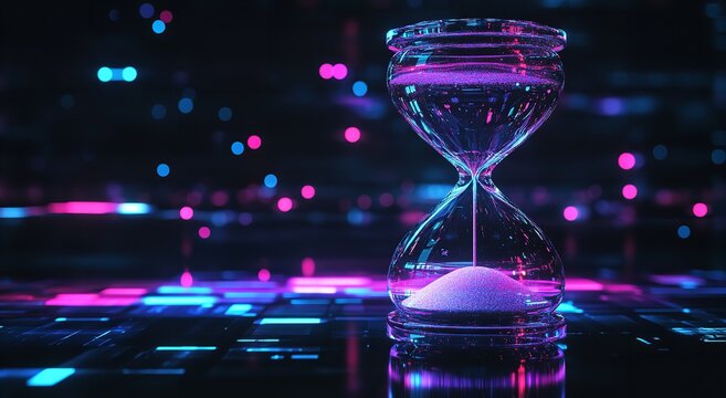 Futuristic holographic hourglass with flowing digital data on dark background &mdash; symbol of time, innovation, and business technology