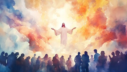 Christ amidst clouds greets a diverse crowd
