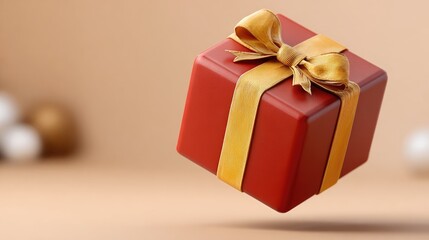 A vibrant red gift box adorned with a yellow ribbon floats against a solid color background, perfect for festive occasions