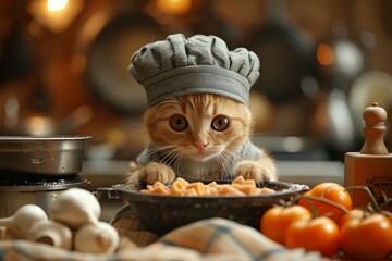 This delightful image shows an adorable cat dressed as a chef, curiously preparing pasta amidst a cozy kitchen setting, blending cuteness with a culinary theme.