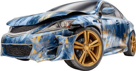 A blue car with a smashed front end