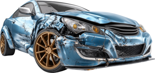 A blue car with a smashed front end