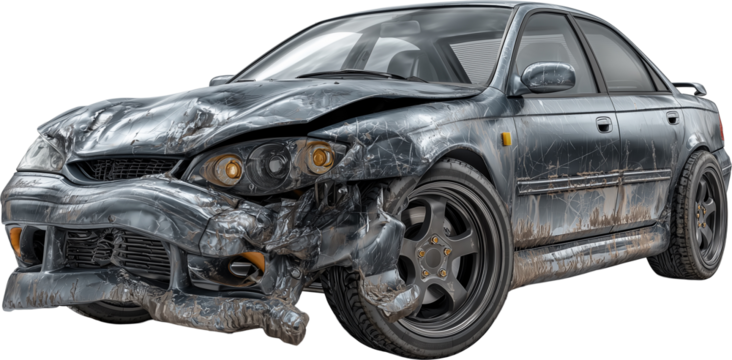 A blue car with a smashed front end