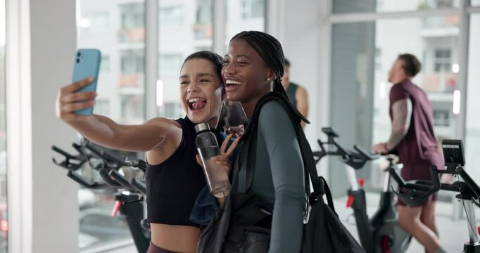 Fitness, friends and women with selfie in gym for workout, progress post or social media update. Smile, happy and photography at sports center for profile picture, exercise support or training memory