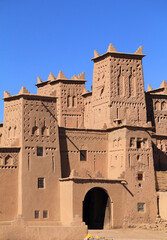 Morocco, Ouarzazate, Skoura, Amridil Kasbah. The towers decorated with Berber geometrical symbols....
