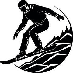 Silhouette of Man Snowboarding Downhill on White Background