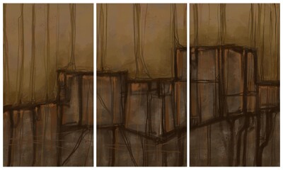 Modern interior triptych. The picture is painted by hand on a tablet.