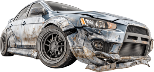 A car with a smashed front end and a damaged wheel