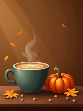 Autumn cup of coffee and pumpkin on wooden table with leaves