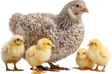 A mother chicken and her three chicks are standing together