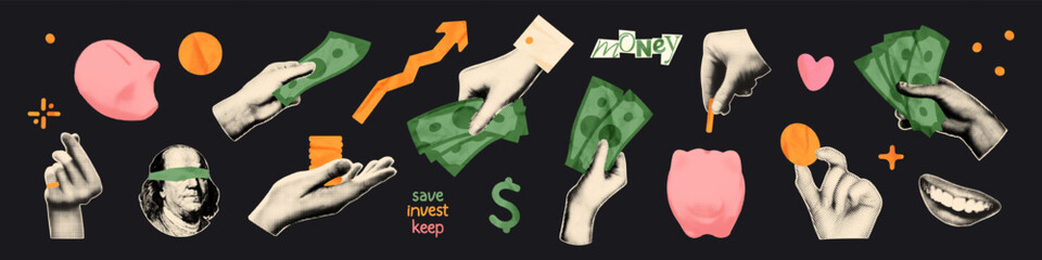 Money and finance concept trendy halftone art collage cut outs set. Hands holding dollar bills, golden coins, piggy bank, rising arrow, cash. Modern retro vector illustration for mixed media design