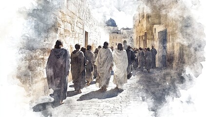 Group of people walking in ancient city streets