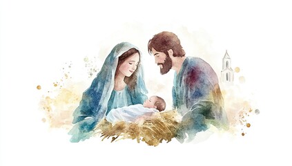 Nativity scene with a loving family in a stable