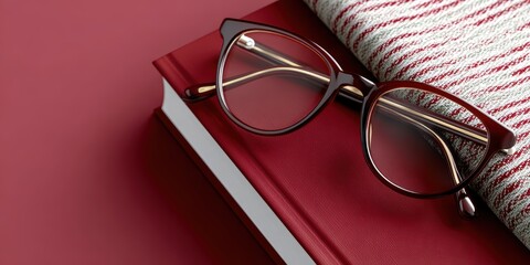 graphic postcard design, contemporary postcard design with a warm burgundy background, clean geometric book shapes, minimal line art reading glasses and bookmark, and structured white space for