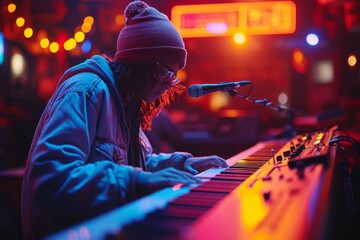 A talented musician intensely playing a keyboard in a vibrant venue filled with vivid lighting, creating an electrifying atmosphere that captivates all present.