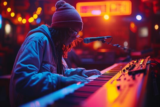 A talented musician intensely playing a keyboard in a vibrant venue filled with vivid lighting, creating an electrifying atmosphere that captivates all present.