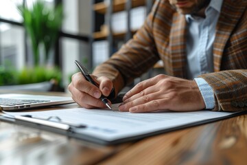 This image features a focused man in a blazer writing on documents at a stylish workspace, illustrating professionalism and dedication in modern business practices and work environments.