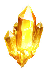 Glimmering golden crystal cluster with sharp facets and reflective surfaces on a white background