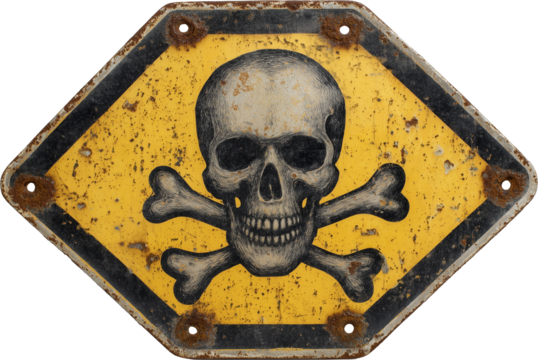 Danger or hazard sign plate with a skull with two crossed bones in yellow color