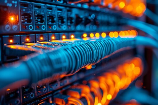 A close-up view of network cables glowing with blue and orange lights in a server room, representing the complexity and connectivity of modern digital infrastructure.