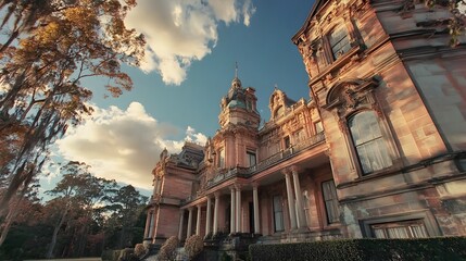 Naklejka premium Grand Historic Mansion Architecture Underneath a Clear Blue Sky