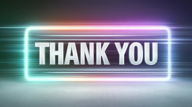THANK YOU text is rendered in white with a metallic shine against a backdrop of horizontal neon blue, pink and purple stripes, creating a vibrant and motion-filled thank you message.