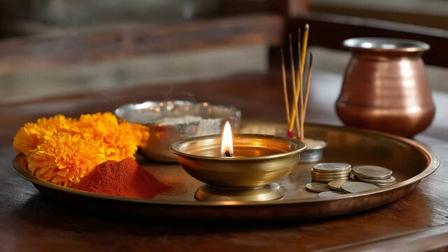 A serene Diwali puja thali is arranged on a polished wooden surface, adorned with a brass diya glowing softly with a steady flame, surrounded by fresh marigold petals and scattered