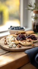 A beautifully arranged breakfast board showcases fluffy pancakes topped with cream and served with fresh blueberries and raspberries, alongside sliced bananas and granola
