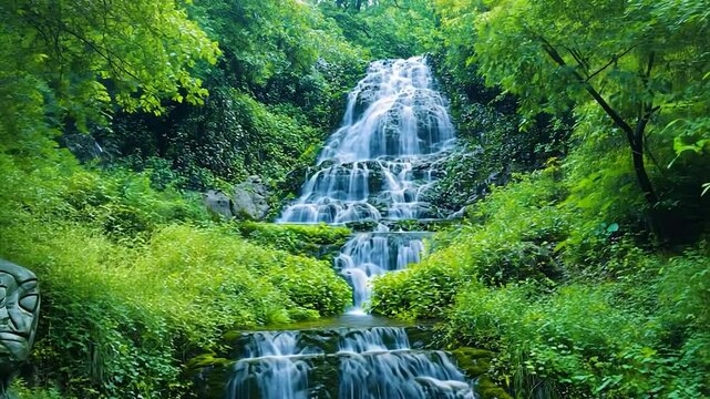 Serene Waterfall Cascading Through Lush Greenery