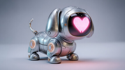 cute small robot dog with round glowing LED eyes showing a heart emoji,