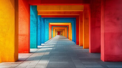 Boldly colored walls create a stunning architectural passageway, inviting the viewer to explore its depth. The vibrant hues reflect a sense of creativity and modern design.