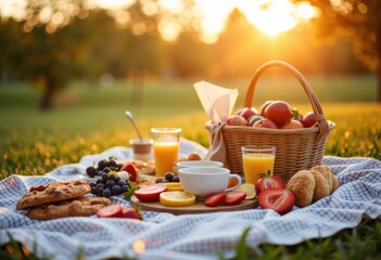 A delightful picnic spread featuring fresh fruits, pastries, and beverages