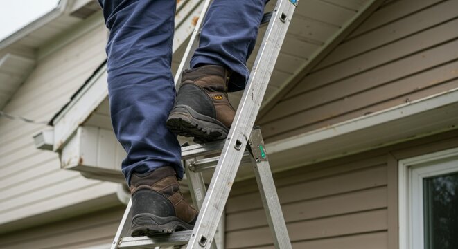 close up Man in boots climbing aluminum ladder near house roof