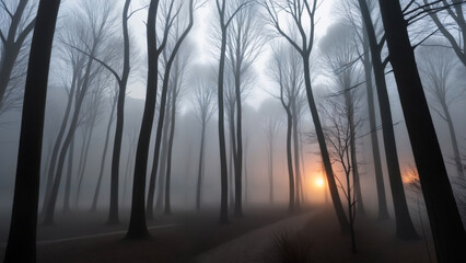 Obraz premium Serene Foggy Forest at Dusk Aura