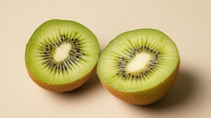Two halves of a fresh kiwi fruit showing vibrant green flesh and black seeds on a beige background.