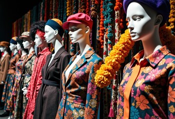 Fototapeta premium Mannequins dressed in colorful traditional and modern clothing display at a fashion market
