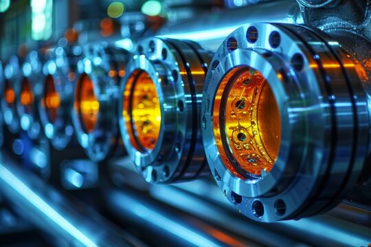 An intricate close-up shot capturing metallic components with vibrant orange glowing elements, showcasing the beauty of industrial design and engineering excellence.