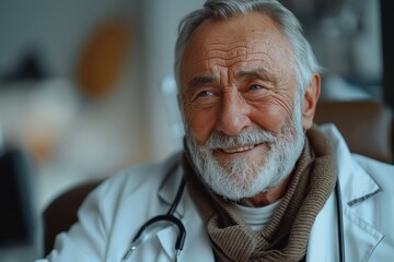 An elderly doctor smiles warmly in a cozy clinic, showcasing a caring personality and professionalism that promotes trust and comfort within a healthcare setting.