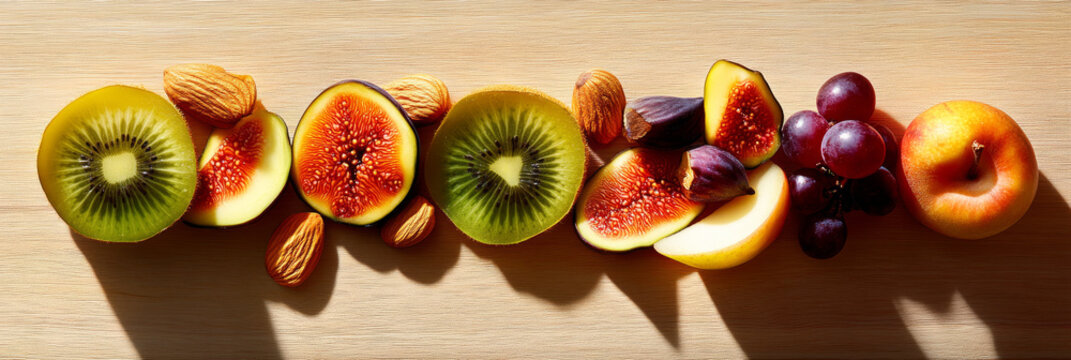 Fresh peaches, grapes, kiwifruit, and almonds are beautifully arranged on a wooden breakfast board. The vibrant colors shine in the soft morning light, creating an inviting presentation, banner