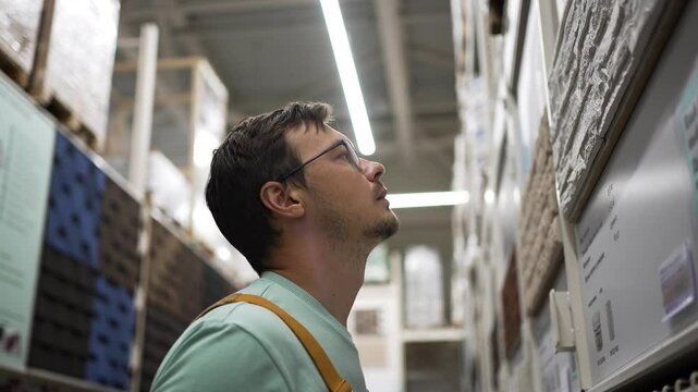 Construction worker carefully examining various tile samples, touching their texture and assessing their suitability for a project in a construction supermarket
