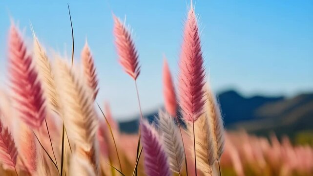 Close-up view of vibrant ornamental grass with pink and beige feathery plumes against a soft blue sky and diffused background on a sunny day