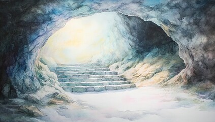Exploring ancient cave steps leading to light