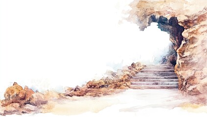 Steps leading up from a cave in a serene landscape