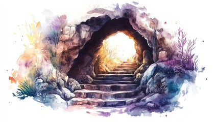 Steps leading to a bright cave entrance at sunset