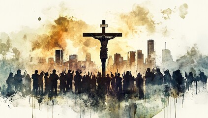 Urban silhouette of a crucifixion at sunset