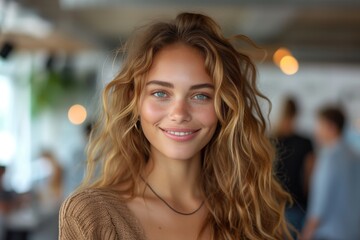 Obraz premium A joyful portrait of a young woman with beautiful wavy hair smiling warmly in a lively urban cafe filled with natural light and soft bokeh effects.