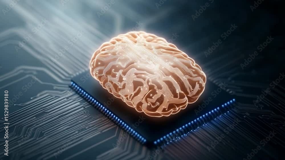 Aufkleber artificial intelligence brain chip: a translucent, glowing human brain rests atop a microchip.