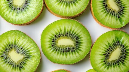 Fototapeta premium Close-up image of several fresh, sliced kiwi fruits showing their vibrant green flesh and black seeds on a white background.