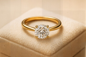 Elegant gold ring featuring  brilliant round diamond, resting on soft velvet cushion, showcasing exquisite craftsmanship and luxury in jewelry design